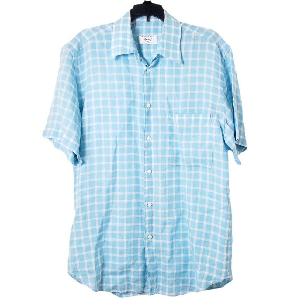 Brioni Men's Linen Shirt Blue White Plaid Short Sleeve Button Down Made in Italy
